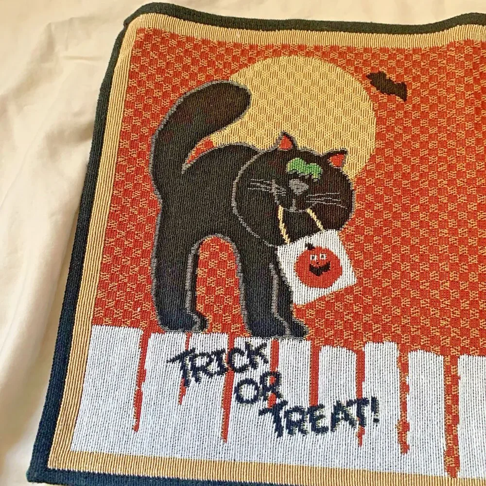 Halloween Woven Tapestry Placements with Black Cat & words: Trick or Treat (4)